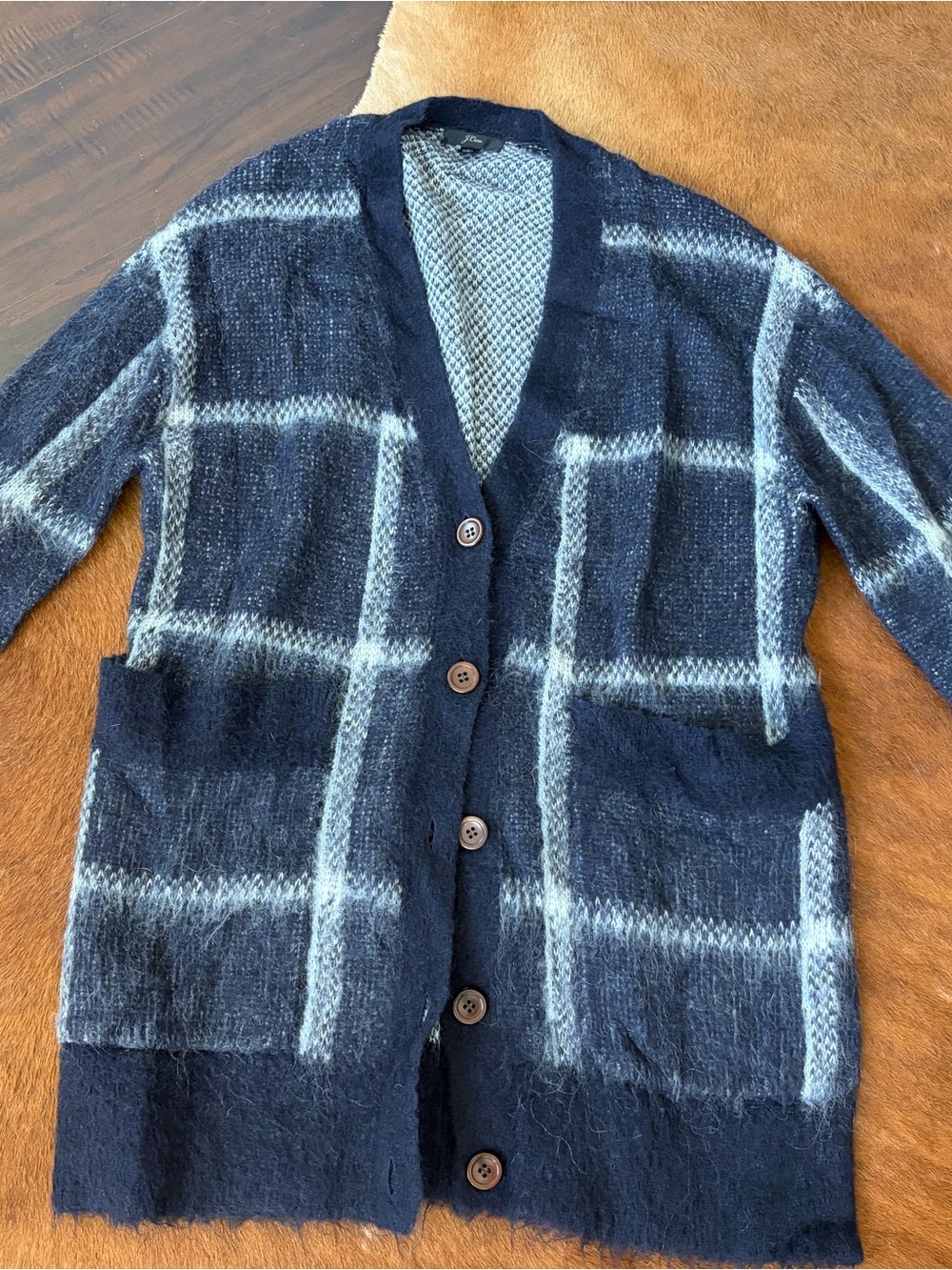 J. Crew Navy and Light Blue Plaid Mohair Blend Cardigan